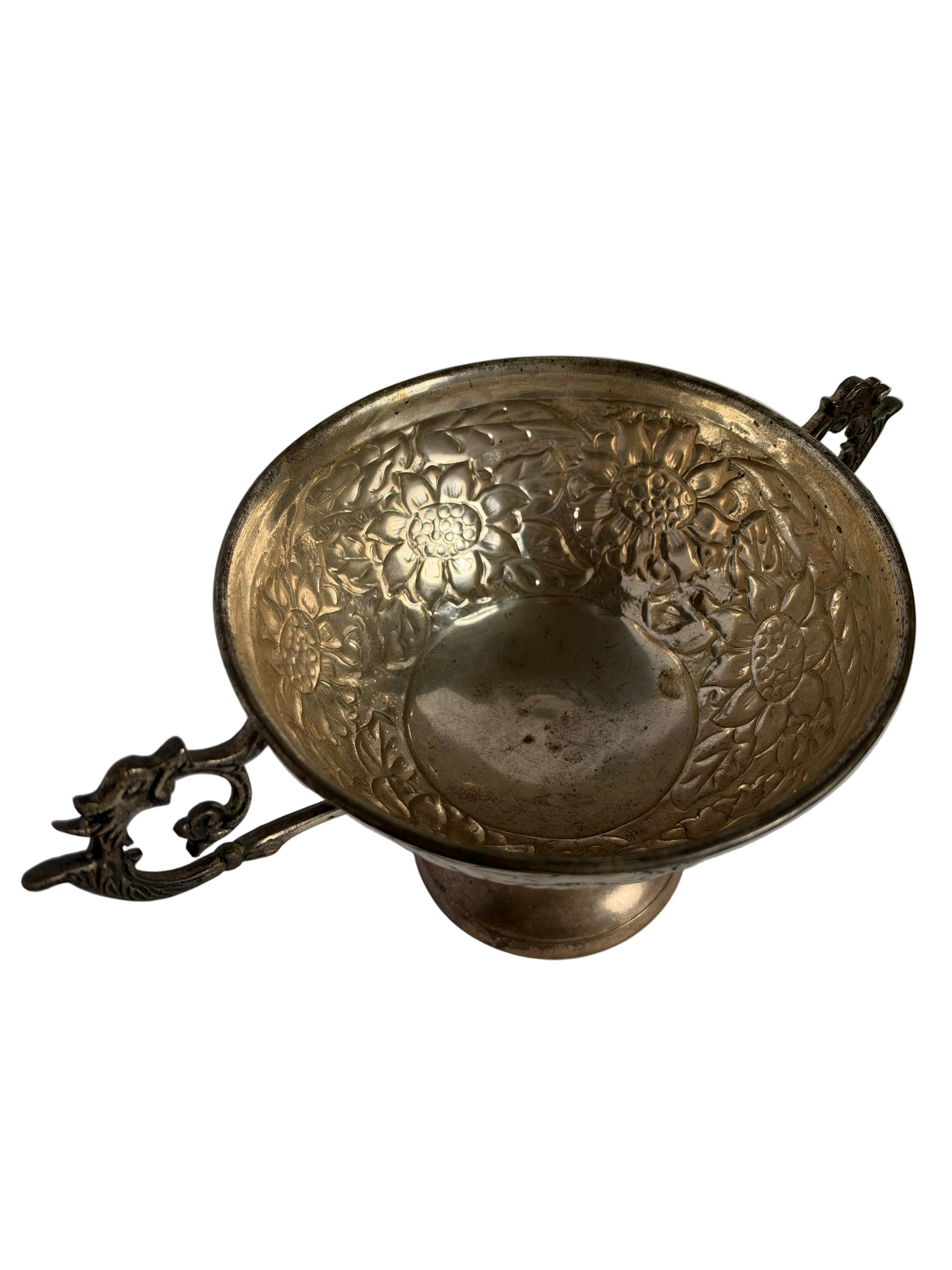 Vintage Embossed Silver Metal Pedestal Bowl